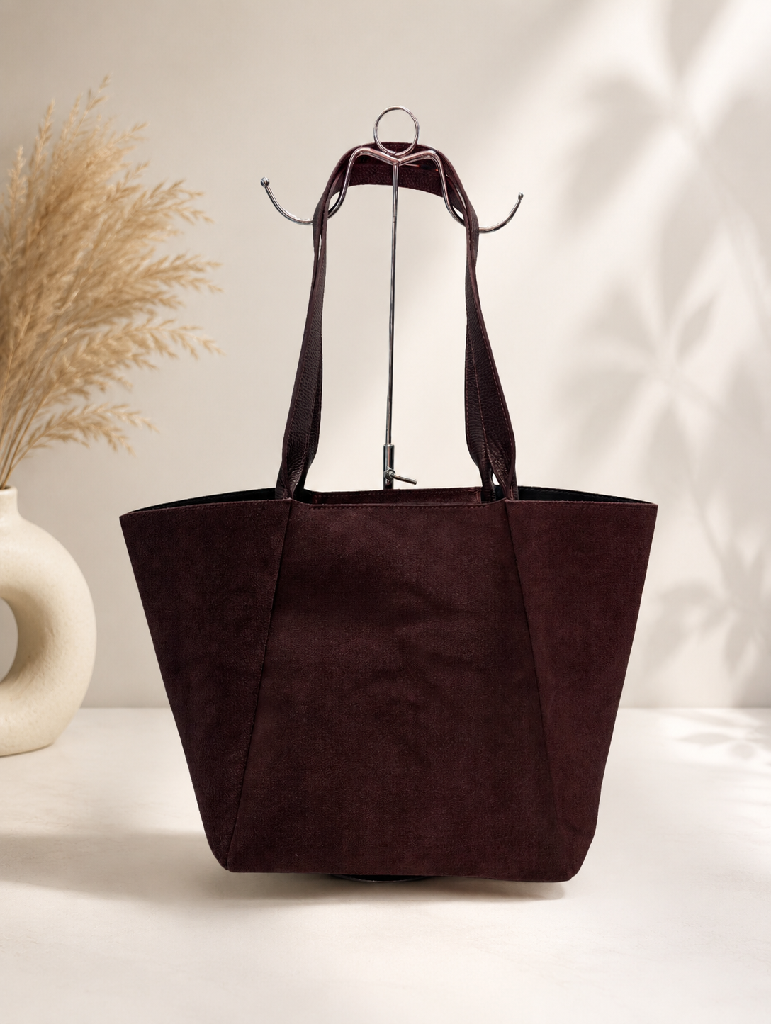 Burgundy suede bag with long handles XL