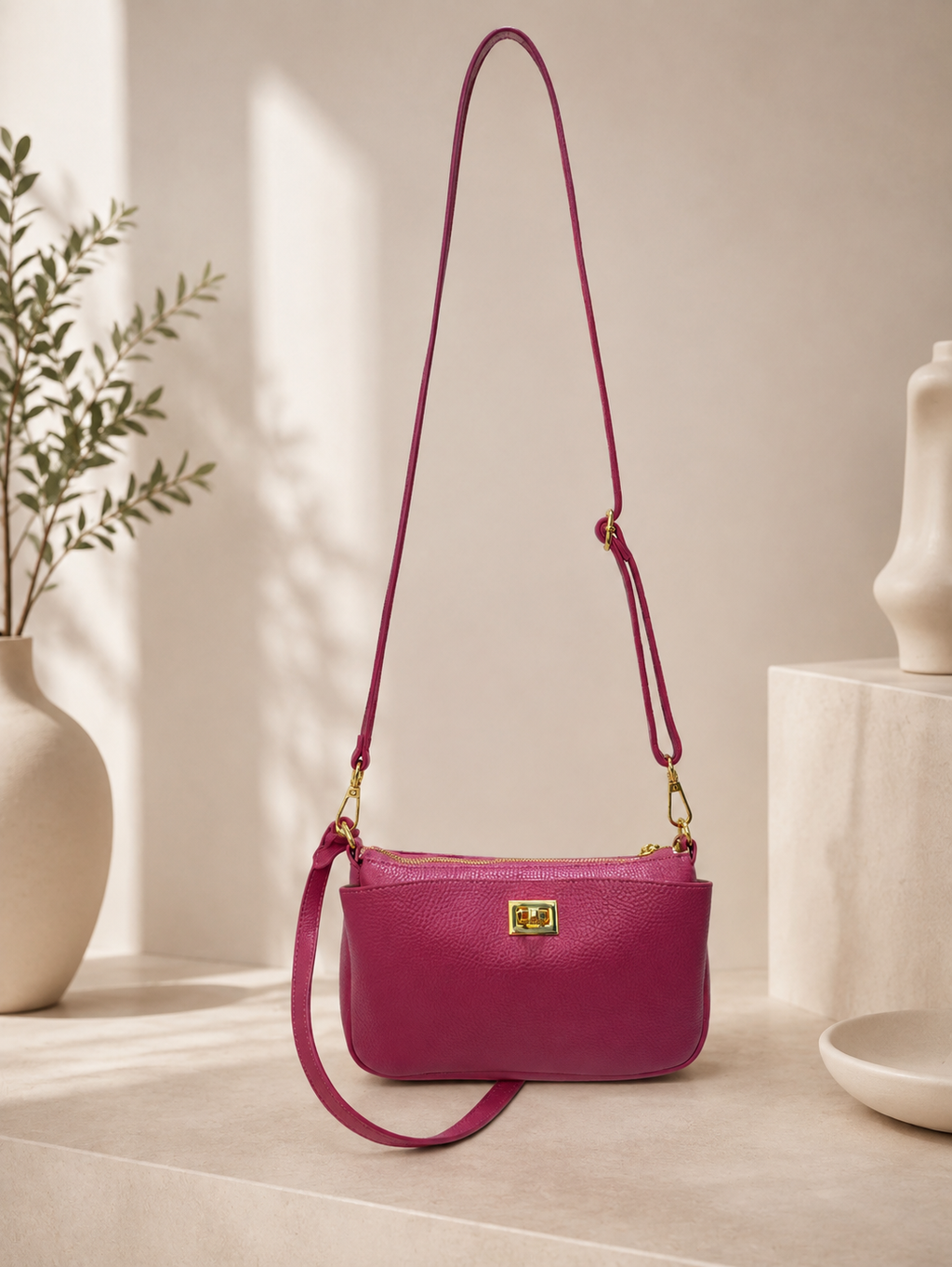 Fuchsia leather messenger bag S
