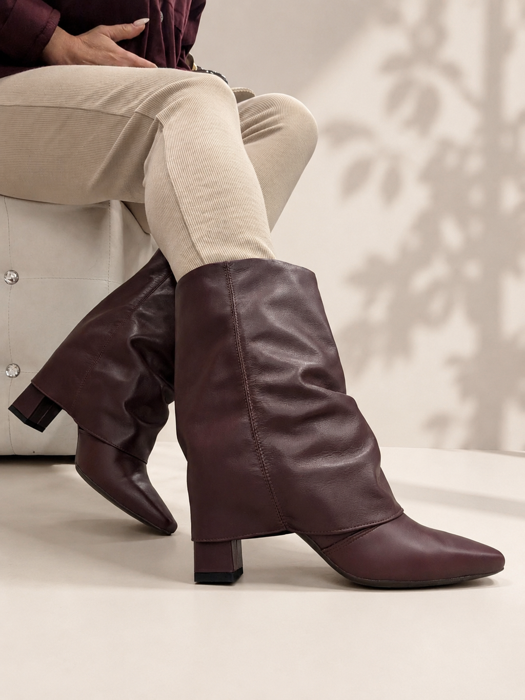 Botki Exquisite 1695 shoes bordowe wkładane z marszczoną cholewką