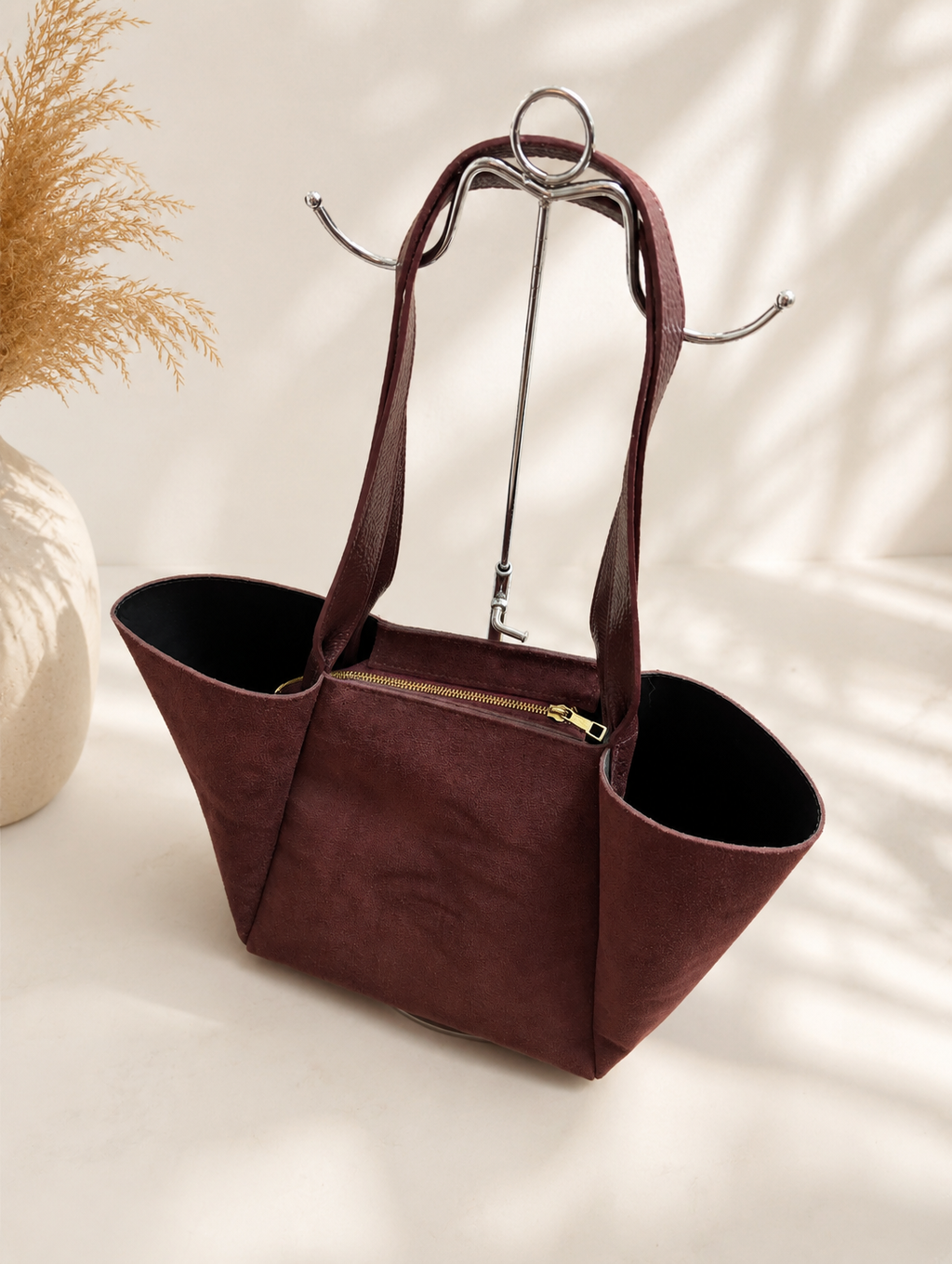 Burgundy suede bag with long handles XL