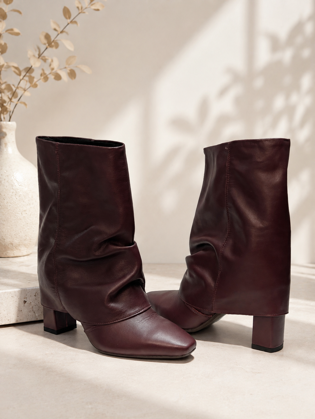 Botki Exquisite 1695 shoes bordowe wkładane z marszczoną cholewką