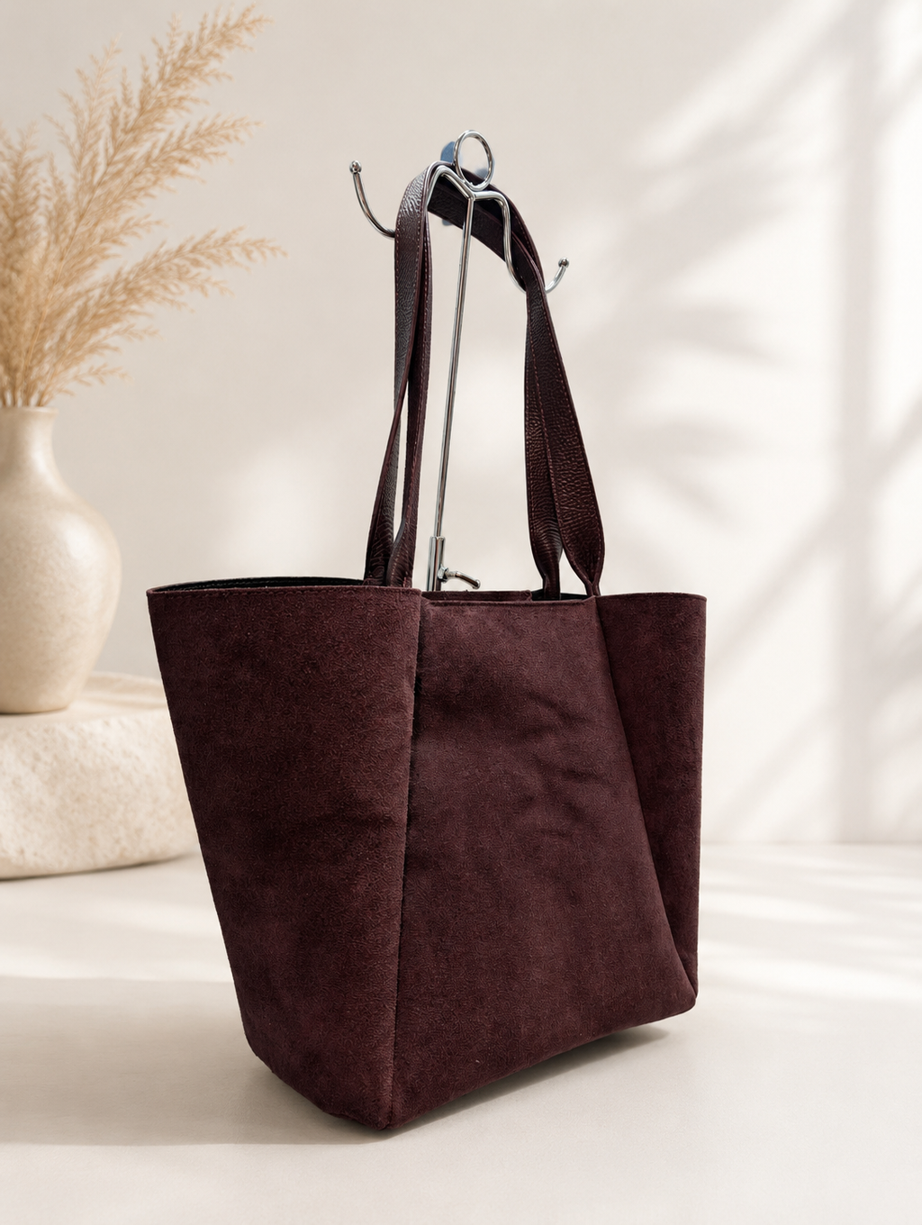 Burgundy suede bag with long handles XL