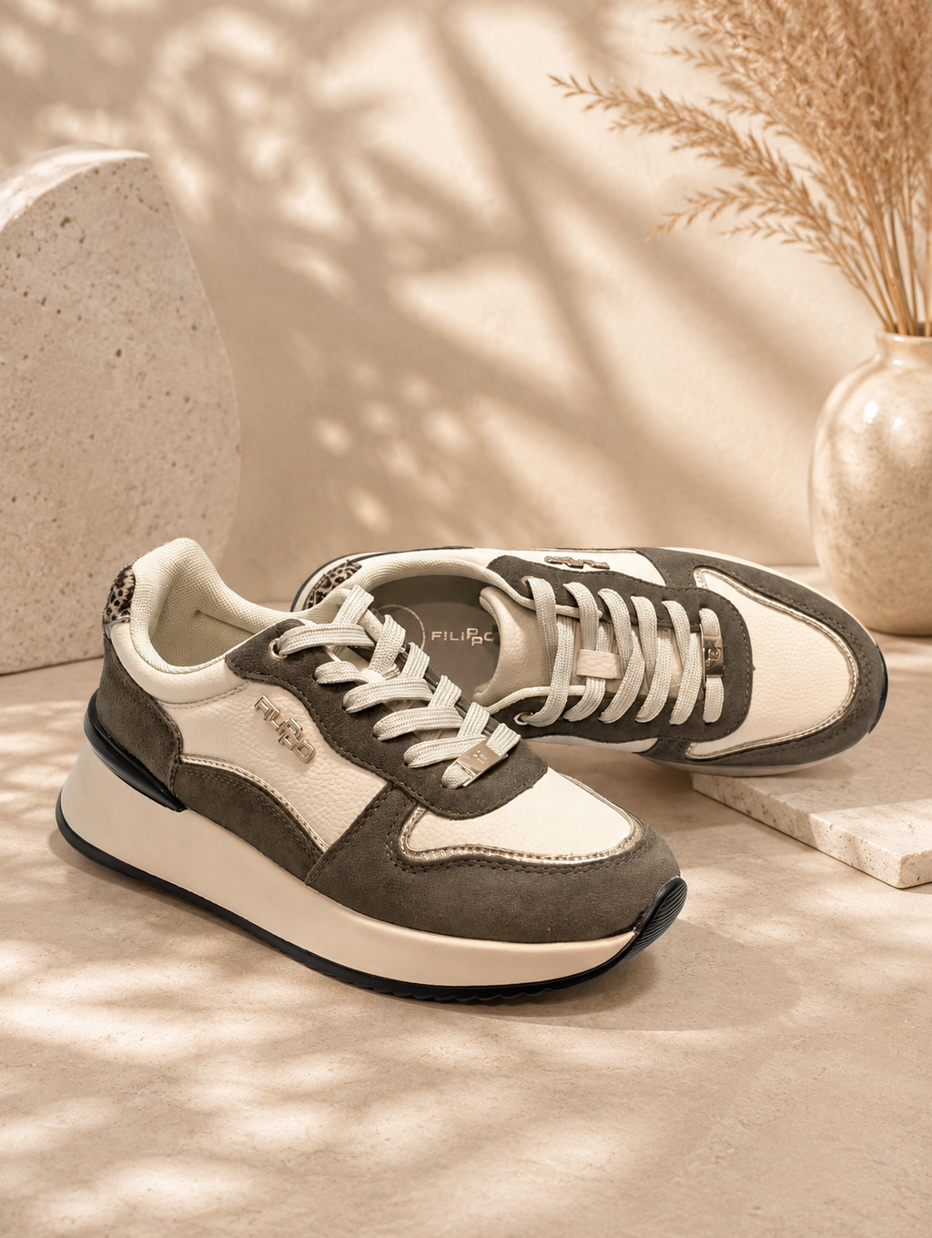 Sneakersy skórzane Filippo 7103 beż khaki panterka