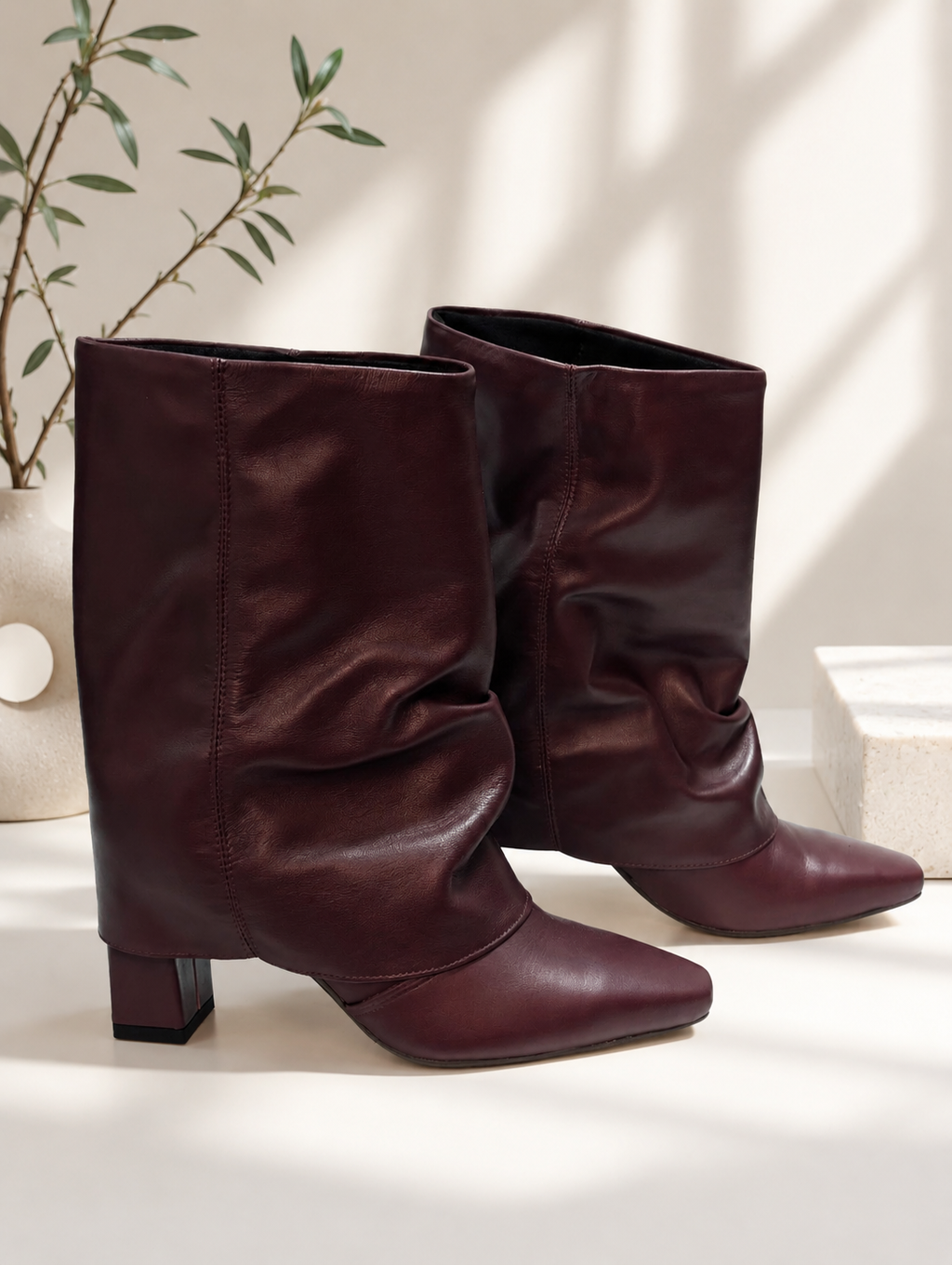 Botki Exquisite 1695 shoes bordowe wkładane z marszczoną cholewką