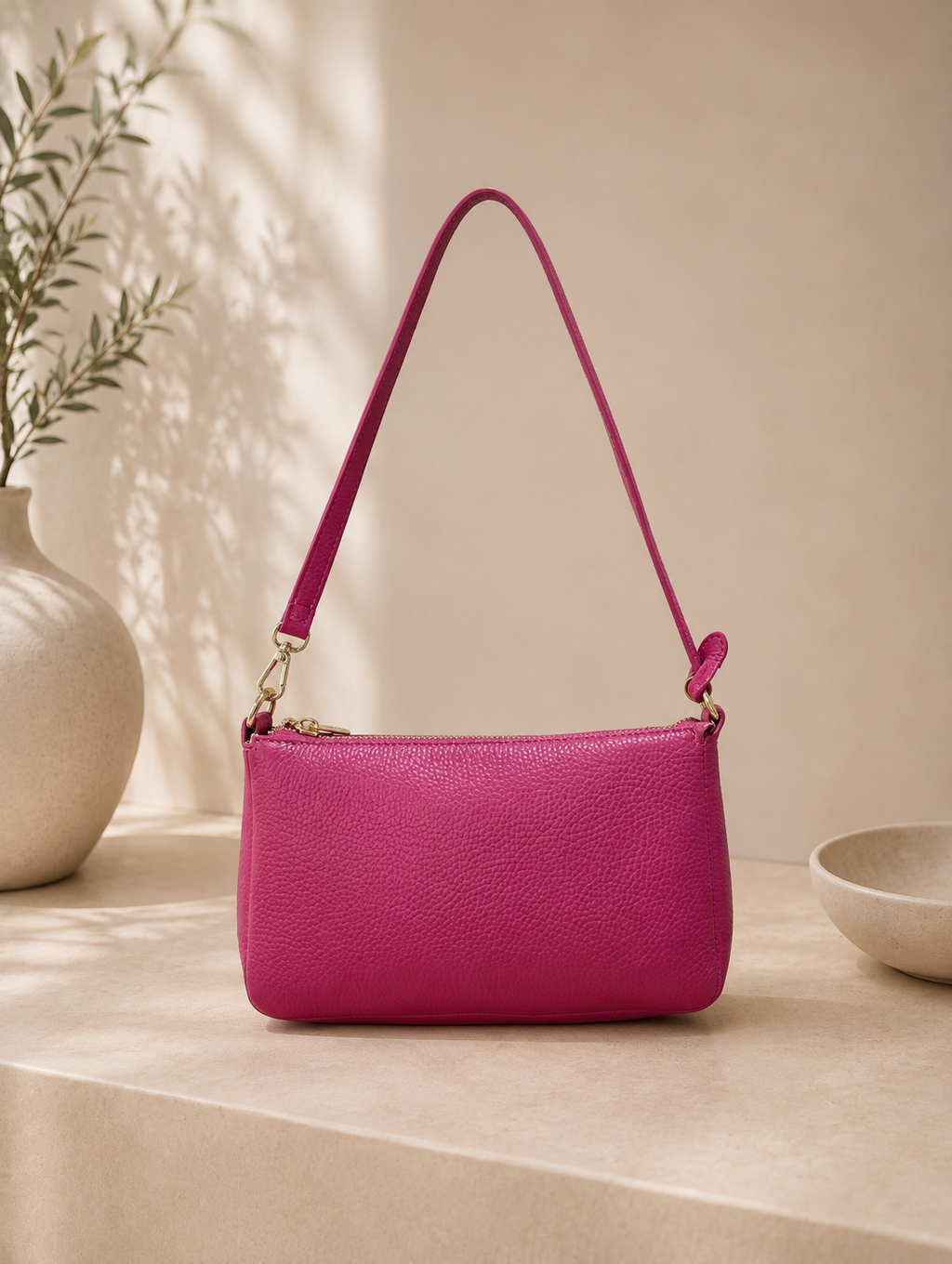 Fuchsia leather messenger bag S