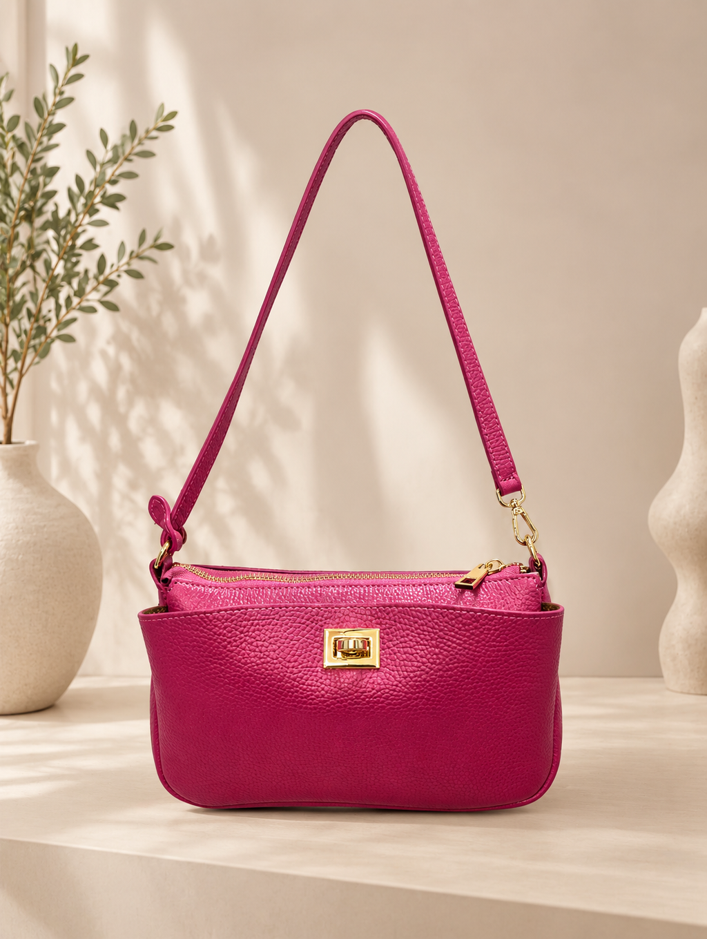 Fuchsia leather messenger bag S